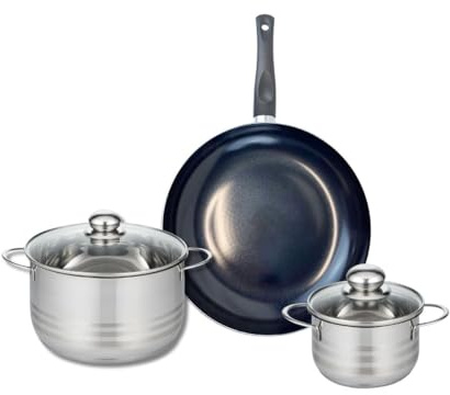 ELO 9719950 Kochgeschirr-Set, 3-teilig, 1 Bratpfanne 32 cm und 2 Kochtöpfe 16 und 24 cm, Elo Prima glänzend, Edelstahl, Induktion