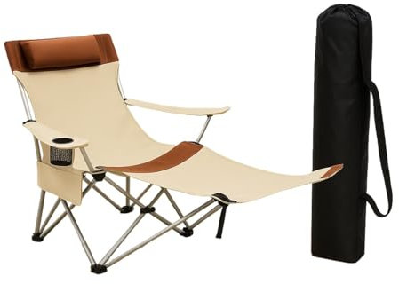 Coemo Campingstuhl Beige, zusammenklappbar, verstellbar, Liegestuhl mit Kopfstütze, Getränkehalter, Tasche, Relaxliege leicht, tragbar, Verstellbarer Faltstuhl, zusammenklappbarer Stuhl