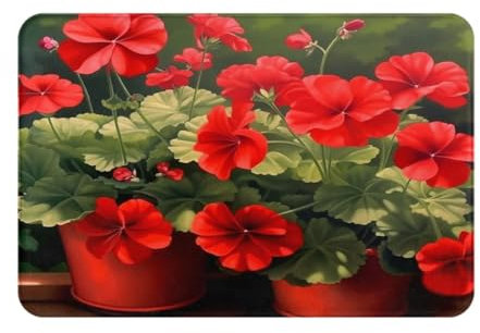 WDXQHY Tapete de franela gruesa de geranios rojos de 16 x 24 pulgadas para interiores y exteriores, antideslizante, absorbente de agua, tapete de entrada para puerta delantera, cocina, baño, respaldo