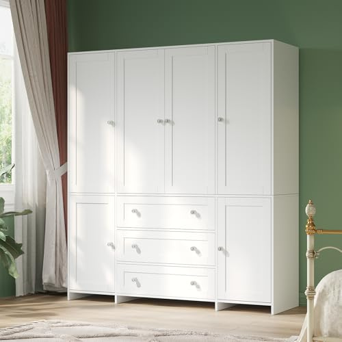 VOWNER Armoire Wardrobe Closet with Drawers and Mirror, 71 Clothing Storage Cabinet with Hanging Rod, 6 Doors Wooden Wardrobe Cabinet for Bedroom, Large Capacity Storage