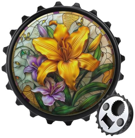 Glasmalerei-Flaschenöffner mit gelber Lilie, rund, Kühlschrankmagnete, Getränke, Bier, magnetischer Flaschenöffner für Kühlschrank, Küche, Büro