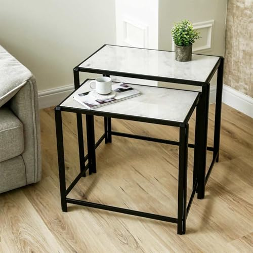 VANITY LIVING Metal Set of 2 Nesting Tables with Marble Top – Space-Saving Nest of Side Tables for Living Room, Accent End Tables Bedroom & Home Decor (Black)