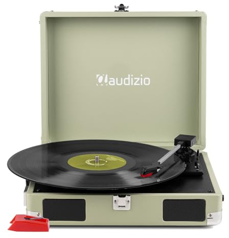 Audizio RP111G Briefcase Record Player Green with Built-in Speakers & Spare Stylus - Complete Portable Vinyl Record Player, Full-Range Stereo Speakers and Spare Ceramic Stylus