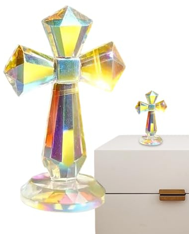 Kristall Kreuz Figur - 15 cm Religiöse Skulptur für Schreibtisch,Kruzifix Figur mit 360° facettiertem Design für katholische Familien Sammler Pastoren Kirchengruppen Gebetsraum Meditationsraum