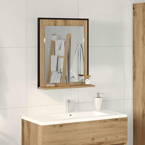 QUAHEAS Wandspiegel Artisan-Eiche 50x12x60 cm, Glas und Holzwerkstoff, mit Regal, für Badezimmer, Flur, Schlafzimmer