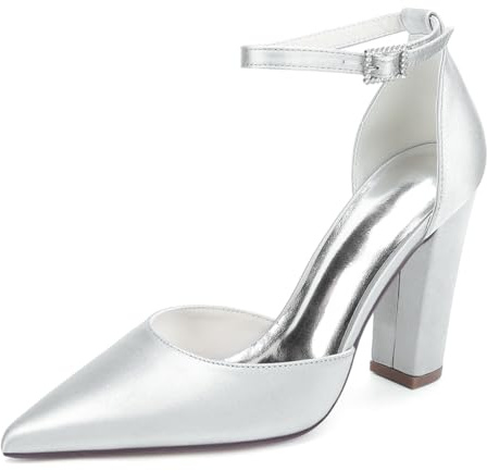 LRMYMHY Chaussures De Mariage en Satin À Bretelles De Cheville pour Femmes Talons À Talons Blocs Talons De Mariée À Bout Pointu,Argent,36 EU