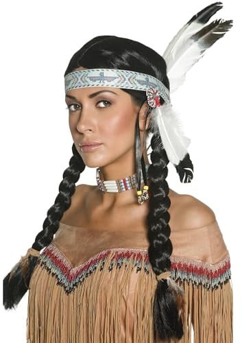 Smiffys Indianerin Perücke von amerikanischen Ureinwohnnern inspiriert, mit geflochtenen Zöpfen und Feder-Stirnband