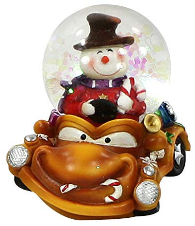 Dekohelden24 Kinder-Schneekugel, lustige Cars in orange, mit Schneemann, Maße H/B/Ø Kugel: ca. 7,5 x 5,5 cm/Ø 4,5 cm., 500556-Orange