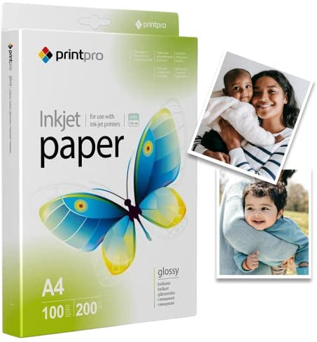 PrintPro Fotopapier DIN A4 glänzend & weiß | Ideal für Tintenstrahldrucker | Fotopapier DIN A4 glänzend | Wasser- und Trockenfest | 200g/m² A4-100 Blatt