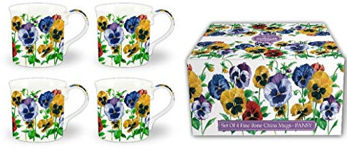 FINE Bone China Set of 4 Mugs Gift Boxed Assorted Pansy Mugs Free UK DELIVERY