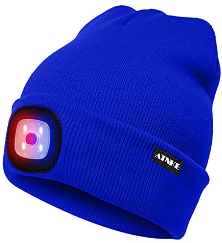 ATNKE LED Beleuchtete Mütze,Wiederaufladbare USB 4 LED Rot und Blau Leuchten Blinkender Laufmütze mit Licht Extrem Heller Lampe Winter Warme für Herren und Damen Geschenke/Blue