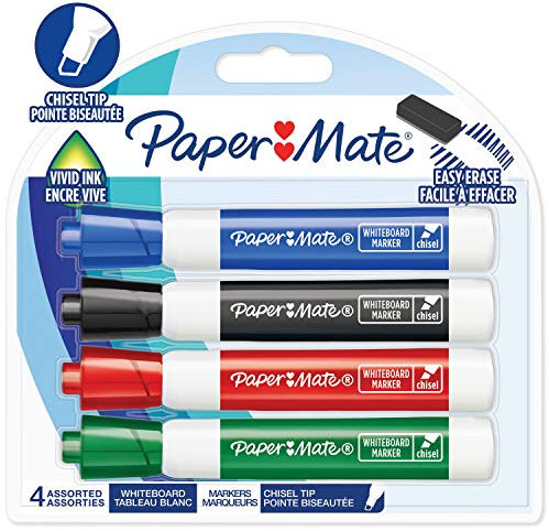Paper Mate Low Odour Whiteboard Markers, Chisel Tip, Assorted Ink Colours, 4 Count