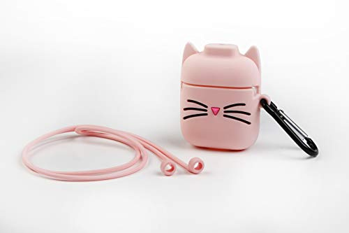 Funny Airpods Cases | Hülle aus Silikon für Airpod Apple - Rosa Katze Design mit Karabiner. Für Airpods 1 & 2 geeignet.