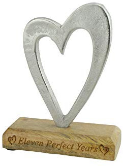 Eleven Perfect Years 11th Anniversary Rustic Metal Heart Decoration – Free Standing Aluminium & Wooden Decoration (hssperf-11)