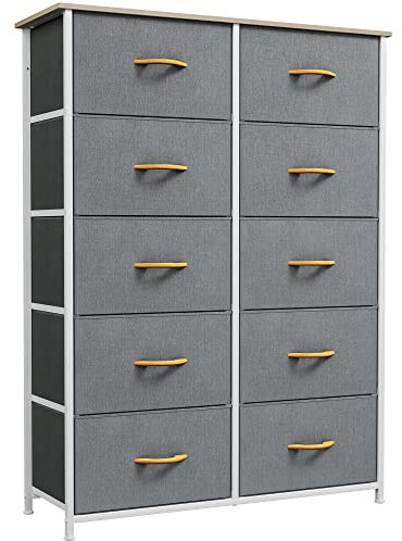 YITAHOME Kommode mit Schubladen, Schrank mit 10 Schubladen aus Stoff, Aufbewahrungskommode Industrial Stil für Schlafzimmer, Wohnzimmer, Kinderzimmer, Flur, Aufbewahrungsschrank (Grau)