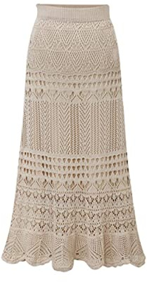 chouyatou Women's Stretched High Waist Crochet Hollow Out Knit Flowy Patterned Lace Maxi Skirt (X-Large, Beige)