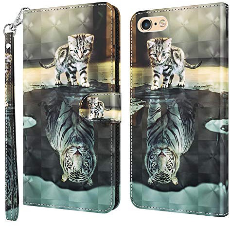 GLANDOTU Apple iPhone 7 Plus/6s Plus/6 Plus/8 Plus Case Flip Wallet PU Leather Cover with Magnetic Button Standing Funstion Full-Body Protective Phone Cases - Cat & tiger