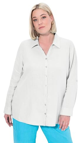 Ulla Popken Damen große Größen Übergrößen Plus Size Bluse, Leinen, offener Kragen, Langarm Offwhite 42+ 794882200-42+