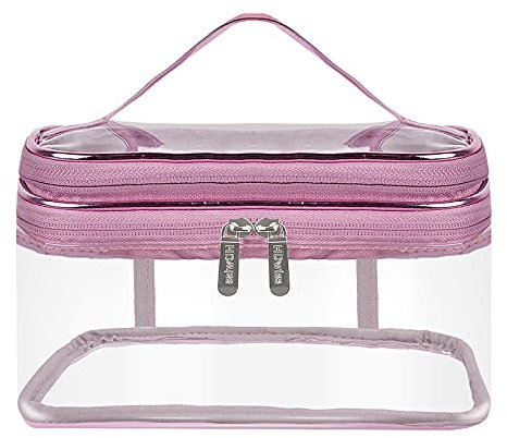Jinlaili Kulturbeutel Transparent, 23 x 17 x 12 cm Doppelschichtige Kosmetiktasche Durchsichtig, wasserdichte Waschtasche Kosmetik, Make Up Tasche Groß, Kosmetikbeutel Klar für Reisen, Damen (Rosa)
