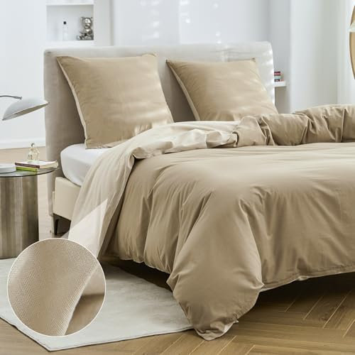 Simple&Opulence Bettwäsche 155x220 Leinen und Baumwolle, Bettwäsche-Sets Leinen Khaki 3 Teilig mit Reißverschluss, 1 Bettbezug 155x220 und 2 Kissenbezug 80x80