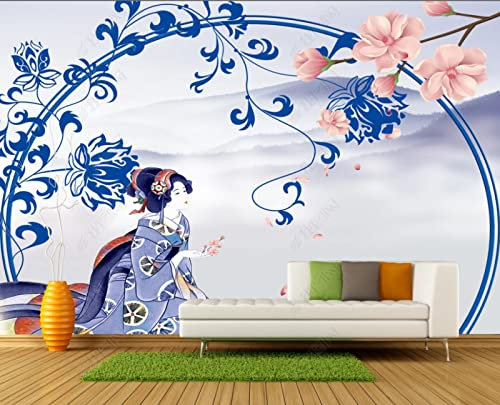 TANYANG Custom Large Mural Japanese Style Wallpaper Sushi Restaurant Background Wall 3D-Retro Japanese Aesthetic Japanese Ladies Japanese Sushi Restaurant Murals Ink Landscape 400Cm(W)×280Cm(H)
