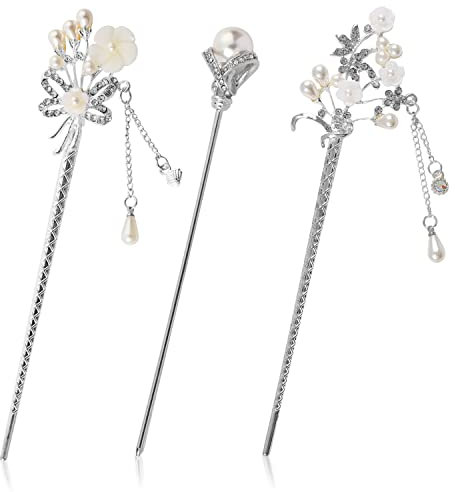 Perlen Haarstab, 3 Stück Strass-Haar-Essstäbchen Chinesische Haarnadel Vintage Quaste Japanische Haarstäbchen Handgefertigte Chignon Schmuck Haarschmuck für Mädchen