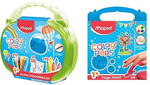 Maped Color'Peps Malette de Coloriage pour Bébé et Enfant dès 1 an & Color'Peps 4 Pots de Peinture Doigt pour Bébé et Enfant dès 1 an - Gouache Pots de 80 gr - Nettoyage Facile à l'eau