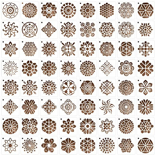 MWOOT 64 Stück Mandala Painting Stencils Schablone,Wiederverwendbare DIY Malerei Vorlage Stencil Kits,Mandala Skala Schablonen Malen für Felsenstein Malerei Leinwand Möbel Handwerk (7.62x7.62CM)