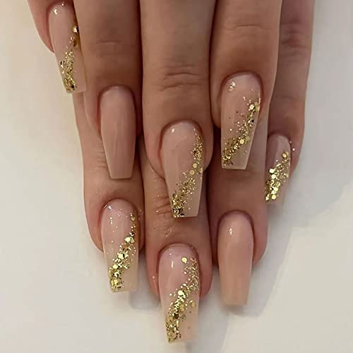 Ceboic 24 Stück Falsche Nägel Mittellang Press on Nails, Nude French Glänzend Sarg Kunstnägel Nägel Zum Aufkleben, Gold Glitter Ballerina Fingernägel Fake Nails für Frauen und Mädchen