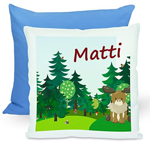 CreaDesign, Kinder Kissen 40x40 cm personalisiert mit Namen, Kinderzimmer Deko Kissen Kinder mit Füllung Federn, Motiv Elch, Rückenfarbe Blau