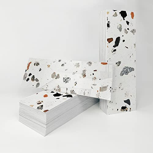 Alwayspon Vinyl-Wandfliesen-Aufkleber mit Terrazzo-Effekt, selbstklebende Spritzrückwand, schäumende Fliesenaufkleber für Küche, Badezimmer, Wand, 27 Stück x 10,2 x 30,5 cm, Weiß / Braun