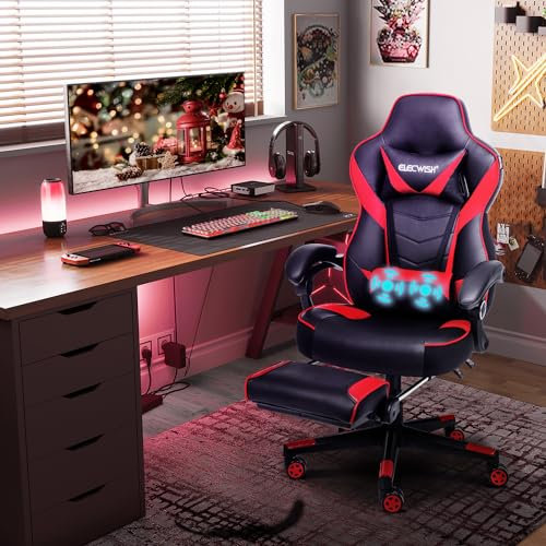 YU YUSING Gaming Stuhl Bürostuhl mit Fußstütze, Racing Stuhl Massage Ergonomisch, Drehbar Hochenverstellbar,90-150°Rückenlehne Verstellbar, Abnehmbare Kopfstütze, Lendenkissen (Schwarz & Rot)