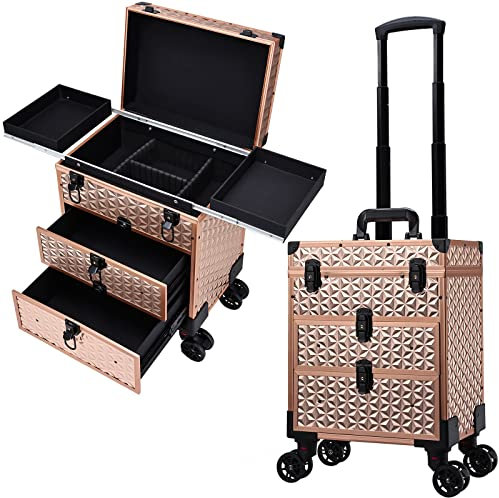 Beauty Trolley on Wheels Makeup Box Vanity Case Make Up Trolley on Wheels with Drawers Hairdressing Trolley Make Up Storage Organizer Box Nail Technician Case with Keys Rose Gold