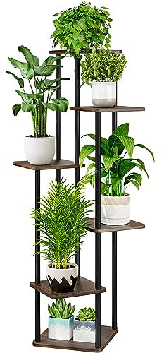 AZERPIAN Pflanzenständer, 6 Etagen, Metall, Blumenregal für mehrere Pflanzen, Ecke, hohe Blumenhalter für Terrasse, Garten, Wohnzimmer, Balkon, Schlafzimmer, schwarze Eiche