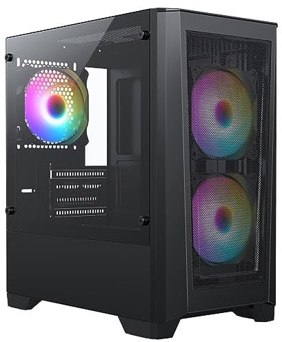 CiT Level 2 Airflow Micro-ATX PC Gaming Case M/ATX with Mesh Front Panel & Tempered Glass Side Panel with with 3 x RGB Rainbow Fans Included | Black