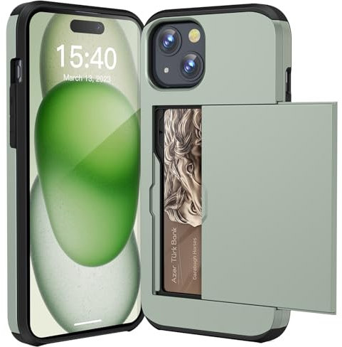 ACOCOBUY for iPhone 15 Case with Card Holder Sliding Cover Hidden Pocket IDs Credit Cards Slot Heavy Duty Shockproof Protective Dual Layer Wallet Phone Cover Back Shell for Men Women 6.1 Army Green