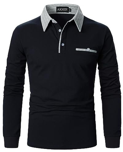 AIOIDI Men's Long Sleeve Polo Shirts Contrasting Colors Work Cotton Breathability Golf Tennis T-Shirt Blue L