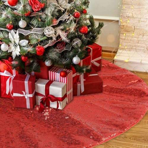Micoden Weihnachtsbaum Decke,122CM Luxus Baumrock Glitzer Pailletten Weihnachtsbaum Rock Matte Doppelschicht baumunterlage Neujahr Weihnachtsdekoration für Feiertagsparty,Pailletten rot