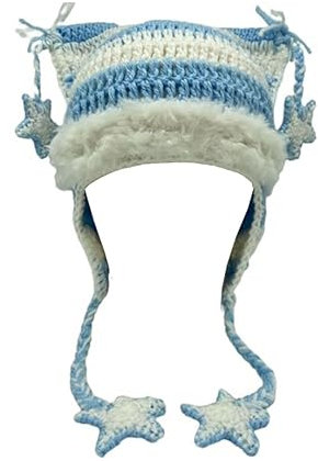 Y2K Beanies Y2k Beanie für Damen, Gothic-Strickmütze, Grunge-Häkelmützen für Damen, Zubehör, Blau-Weiß-A, Medium