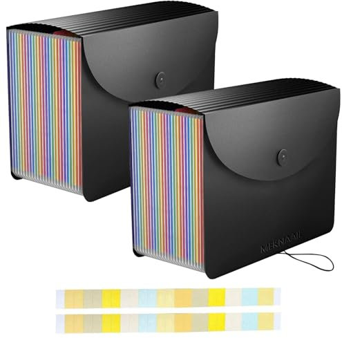 MEKNAAIL File Organiser 24 Pockets Document Organiser Expanding Accordion Filing Folders for Paperwork A4 Size with Lid and Colour Labels Rainbow Document Box for Paper and File Storage (Pack of 2)