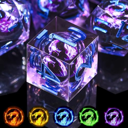 SIQUK 7 Stück DND Würfel Set Würfel Spielwürfel Liquid Core Würfel Polyedrische Würfel Set mit Geschenkbox für Dungeons and Dragons RPG MTG (Violett Flamme Drache)