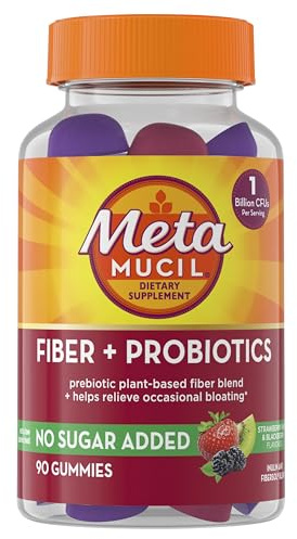 Metamucil Fiber Gummies for Adults with Probiotics for Bloating Relief, No Sugar Added Strawberry Kiwi BlackBerry Flavors, 5g Prebiotic Plant Based Fiber Supplement Blend, 90 Count