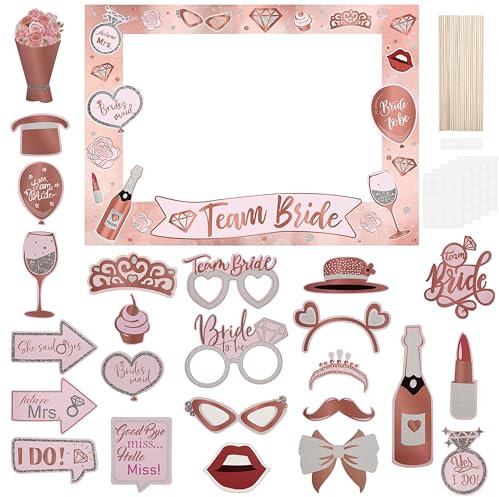 Bride Accessoire Photo Booth,Mariage Décoration Selfie Accessoires avec des Points Adhésifs Puissants Et des Bâtonnets en Bois pour Wedding Bridal Shower Masquerade 30 Pièces