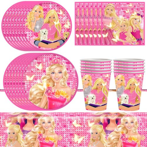 NTEVXZ Set di Stoviglie di Compleanno di Barbi, 51Pcs Barbi Principessa Party Piatti, Tovaglioli, Tazze, Tovaglia, Principessa Stoviglie per Feste, 10 Ospiti