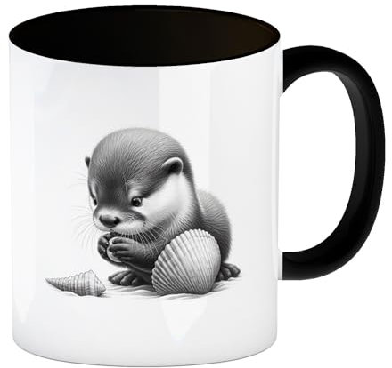 Baby Otter mit Muschel Kaffeebecher in schwarz Kleiner Otter Spielt im Wasser Süßes Säugetier Meerestier Tierliebhaber Tasse Kaffeetasse zum Spielen und Genießen