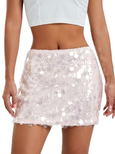 seiveini Mini Jupe Paillettes Femme Jupes Brillants Court Crayon Moulante Élastique Années 50 Vintage Costume de Festival Disco Fête Clubwear A Rose Clair S
