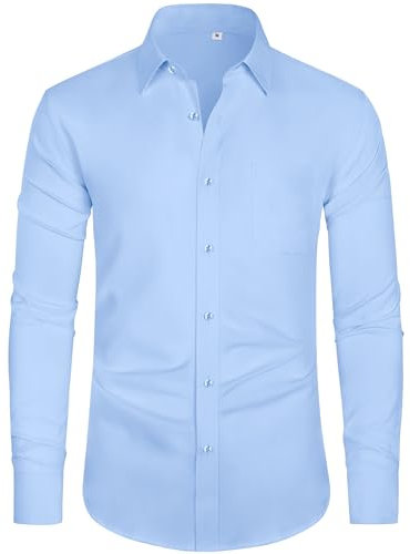 J.VER Bügelfrei Freizeit Herrenhemden Herren Knopfleiste Sommerhemden Pure Büro Hemden Body Fit Casual Business Shirt mit Tasche,Hellblau,2XL