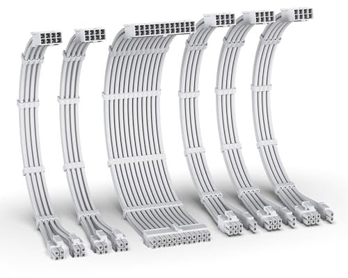 EZDIY-FAB PSU Kabel Verlängerung Kit,16AWG Verlängerungskabel für die Stromversorgung,1x24Pin/2x4+4 EPS/3x6+2 PCI-E,Kundenspezifische PC Hülse Kabel 300MM mit Kämmen-Alle Weiß
