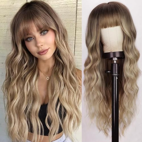 PORSMEER Lange Gewellt Braun-Mix blond Perücken mit Pony für Frauen,66cm Lange Locken Wig,Natürlich Synthetisches Haar Perücke für Tägliche Karneval Fasching