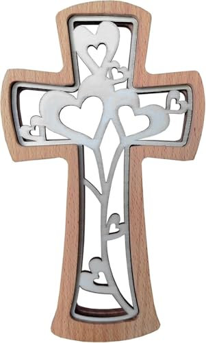Kaltner Präsente Geschenkidee - Wandkreuz Echt Buche Holz Kreuz Kruzifix für die Wand 20 cm modern mit Herzen